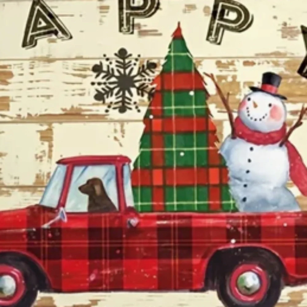 NEW HAPPY HOLIDAYS VTG TRUCK DOG SNOWMAN FARMHOUSE POLYESTER PILLOW COVER 17.7